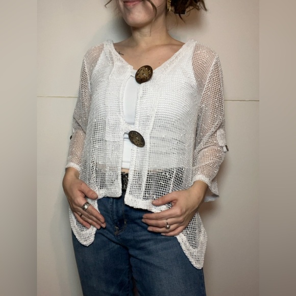 Nina Leonard White Open Knit Button Front Cardigan Boho Layering Top - Picture 2 of 11